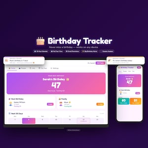 Birthday Tracker Google Sheets Web App | Never Miss a Birthday | Email Reminders | Custom Avatars