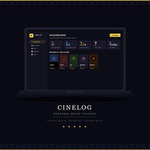 May include: A laptop screen displays the CineLog dashboard, a personal movie tracker. The interface shows recently watched movies, film statistics, and a rating system. The text "CineLog Personal Movie Tracker" is visible below the screen.