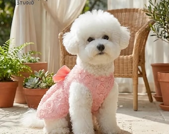 Pink Rose Embroidered Dog Dress | Satin Bowknot Puppy Party Outfit (XS-XL)