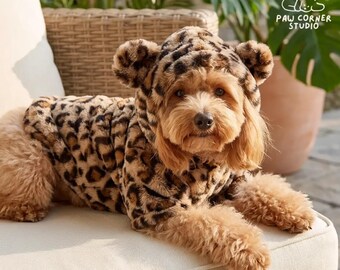 Leopard Dog Hoodie With Ears | Plush Faux Fur Pet Coat, Animal Print Costume (XS-XXL)