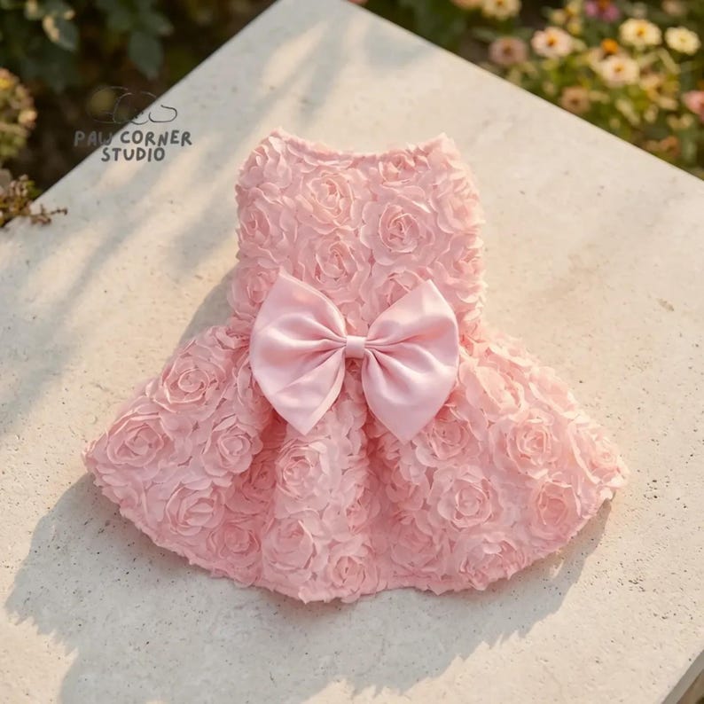 Peut inclure: Une robe rose clair pour chien avec un corsage et une jupe textur&eacute;s en forme de roses, et un grand n&oelig;ud en satin &agrave; la taille. La robe est con&ccedil;ue pour un animal de compagnie et porte le texte "PAW CORNER STUDIO".