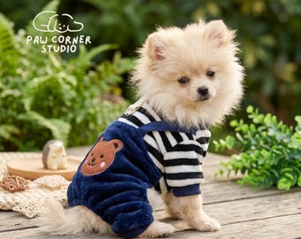 Teddy Bear Dog Fleece Jumpsuit with Leash Ring | Warm Pet Winter Coat | Small Medium Dog Cat Pajama Suit | Kawaii Dog Clothes