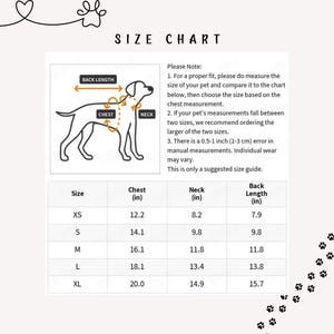 Peut inclure: Un tableau des tailles pour animaux de compagnie avec un sch&eacute;ma de chien, &eacute;tiquet&eacute; avec des mesures de poitrine, de cou et de longueur du dos en pouces. Le tableau comprend les tailles XS &agrave; XL, avec les mesures correspondantes. Le texte en haut indique "TABLEAU DES TAILLES".
