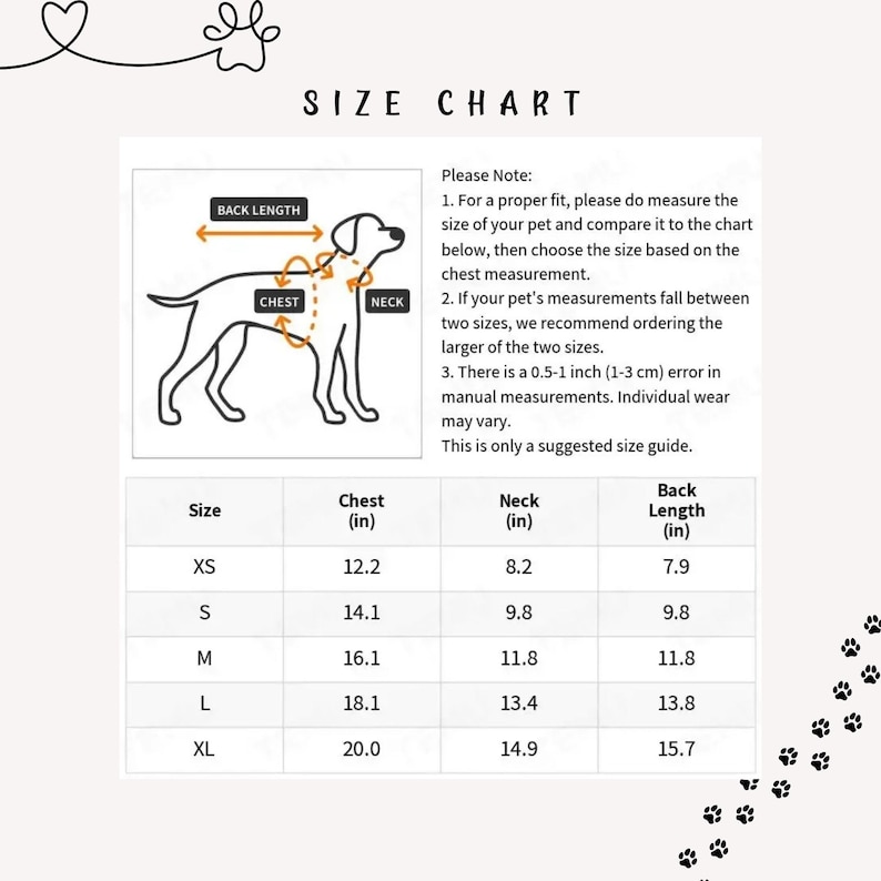 Peut inclure: Un tableau des tailles pour animaux de compagnie avec un sch&eacute;ma de chien, &eacute;tiquet&eacute; avec des mesures de poitrine, de cou et de longueur du dos en pouces. Le tableau comprend les tailles XS &agrave; XL, avec les mesures correspondantes. Le texte en haut indique "TABLEAU DES TAILLES".