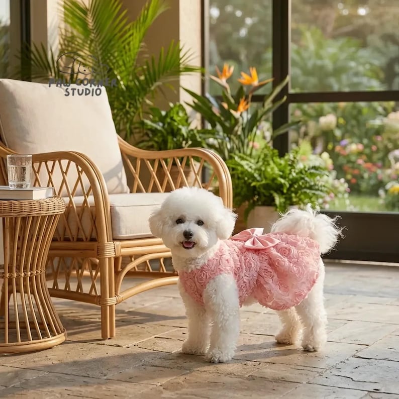 Peut inclure: Un petit chien blanc portant une robe rose orn&eacute;e de motifs de roses et d'un n&oelig;ud. Le chien se tient sur un patio en pierre, pr&egrave;s d'une chaise et d'une table en osier. L'arri&egrave;re-plan pr&eacute;sente une v&eacute;g&eacute;tation luxuriante et une fen&ecirc;tre.