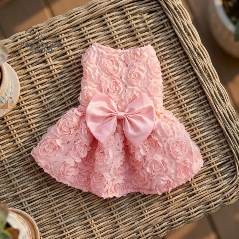 Peut inclure: Une robe rose clair pour chien avec un corsage textur&eacute; en forme de roses et un grand n&oelig;ud en satin. La robe a une jupe &eacute;vas&eacute;e et est con&ccedil;ue pour un petit chien. Le style g&eacute;n&eacute;ral est &eacute;l&eacute;gant et f&eacute;minin.
