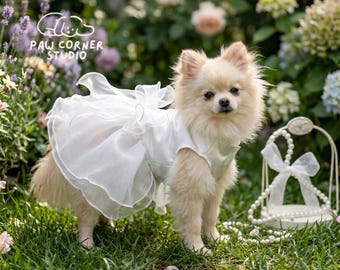 Dog Princess Wedding Dress with Bow | Luxury Pet Formal Gown | Small Dog Bride Costume | Birthday Party Dog Dress XS–XL