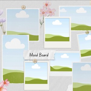 May include: A collage of landscape-themed mood board images, each showing a blue sky with a white cloud and green rolling hills. The images are arranged on a textured grey background, with floral accents and the text "Mood Board".