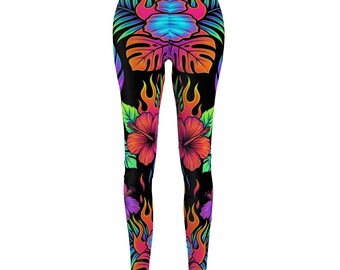 Leggings con stampa ibisco tropicale neon / Stampa floreale a fiamma