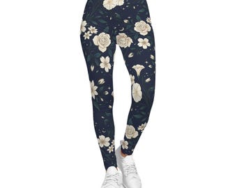 Leggings con estampado floral de rosas color marfil / Estampado botánico integral en azul marino