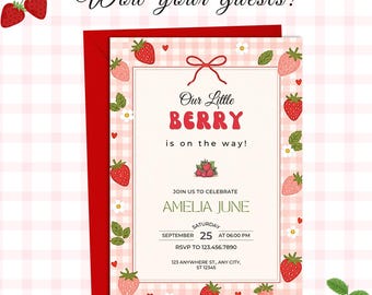 A Berry Sweet Baby Shower Invitation, Elegant Personalized Canva Template, Digital Download.