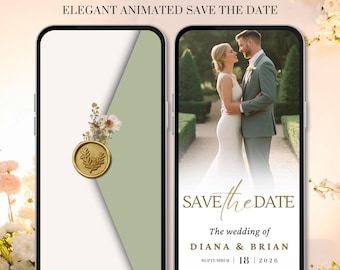 Invitación de boda digital en color verde salvia, vídeo para anunciar la fecha de la boda, plantilla de Canva (descarga digital)