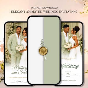 May include: Three smartphones display a digital wedding invitation template featuring a sage green and white color scheme, a gold wax seal with a leaf motif, and text including "Mallory and Scott" and "Wedding August 28 2026".
