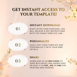 Pu&ograve; includere: Grafica con testo che spiega come accedere a un modello: download immediato, personalizzazione e condivisione. Il design &egrave; in oro e bianco con accenti floreali.