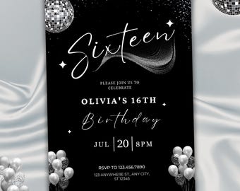 16th Birthday Card, Modern Canva Template Invite, Digital Download.