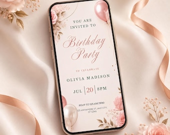 Birthday Party Invite, Elegant Pink Canva Template Invitation Card, Digital Download.