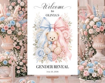 Teddy Bear Gender Reveal Welcome Sign, Baby Shower Poster, Personalized Canva Template, Digital Download.