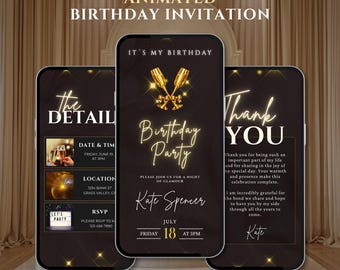 Birthday Party Invite, Luxury Gold Canva Video Invitation, Digital Download.