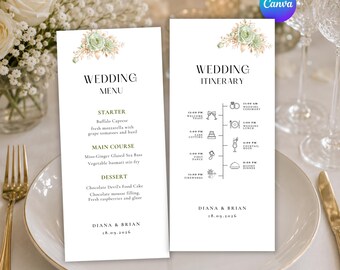 Wedding Menu Printable, Wedding Ceremony Program, Menu and Itinerary Template, Digital Download.