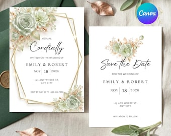 Sage green Wedding Invitations Template, Save The Date, Personalized Cards, Digital Download.