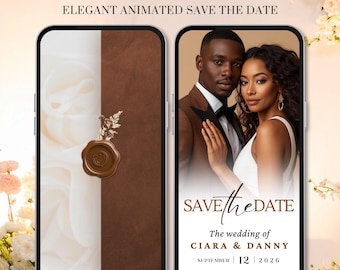 Invito di matrimonio "Save the Date", modello moderno in tela marrone, video, download digitale.