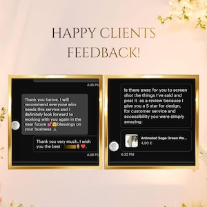 Pu&ograve; includere: Immagine con due screenshot incorniciati di feedback dei clienti. Il testo recita "HAPPY CLIENTS FEEDBACK!". Gli screenshot mostrano recensioni positive, con una che menziona una valutazione a 5 stelle e l'altra che esprime gratitudine per il servizio.