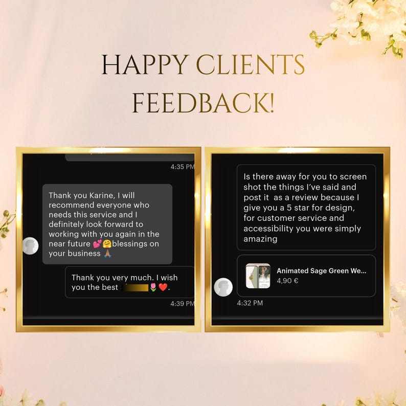 Pu&ograve; includere: Immagine con due screenshot incorniciati di feedback dei clienti. Il testo recita "HAPPY CLIENTS FEEDBACK!". Gli screenshot mostrano recensioni positive, con una che menziona una valutazione a 5 stelle e l'altra che esprime gratitudine per il servizio.