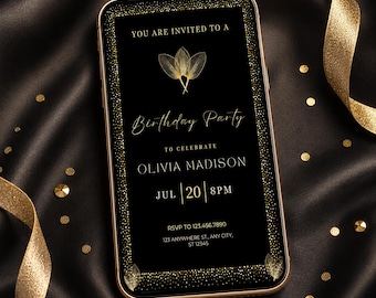 Birthday Party Invite, Luxury Black Gold Canva Template Invitation Card, Digital Download.