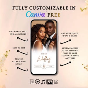 Pu&ograve; includere: Un modello digitale di invito a nozze visualizzato su uno smartphone. Il design presenta una foto della coppia, la parola "Wedding" e i dettagli dell'evento. Il testo include "Fully Customizable in Canva FREE" e le istruzioni di modifica.