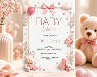 Teddy Bear Baby Shower Invite, Girl Canva Template, Digital Download.
