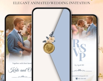 Invitación de boda animada en azul empolvado, elegante invitación en vídeo (descarga digital)