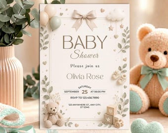 Teddy Bear Baby Shower Invite, Gender Neutral Canva Template, Digital Download.