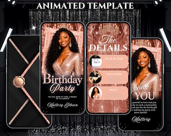 Birthday Invitation Template, Luxury Rose Gold Canva Video Invite, Digital Download.