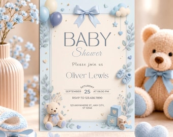 Teddy Bear Baby Shower Invite, Boy Canva Template, Digital Download.