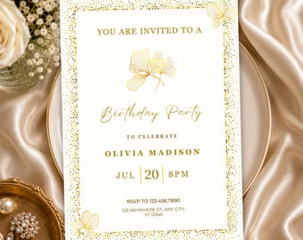 Birthday Party Invite, Elegant Gold Canva Template Invitation Card, Digital Download.
