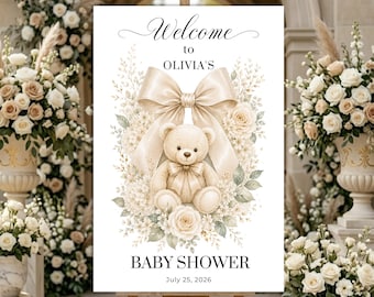 Teddy Bear Baby Shower Welcome Sign, Gender Neutral Canva Template Poster, Digital Download.