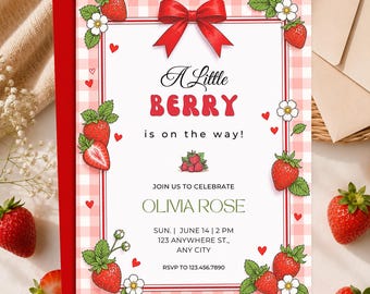 Berry Sweet Baby Shower Invite, Modern Canva Template, Digital Download.