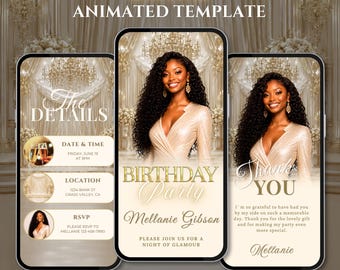 Girls Birthday Invitation Digital, Luxury Gold Canva Video Invite, Instant Download.