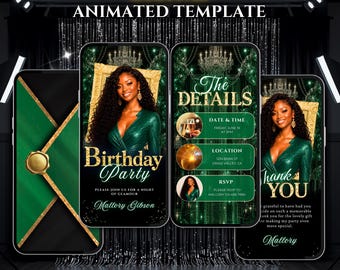 Girls Birthday Invitation Digital, Luxury Green Canva Video Invite, Instant Download.