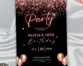 Birthday Invitation Girl, Glamorous Birthday Template Canva, Digital Download.