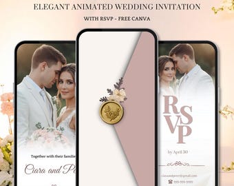 Invito di nozze rosa animato, invito video minimalista con template Canva, download digitale.