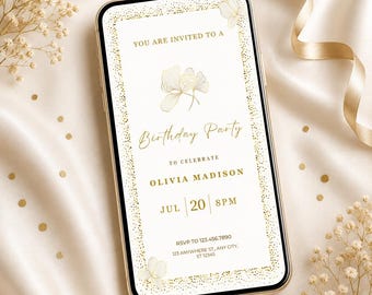 Birthday Party Invite, Elegant Gold Canva Template Invitation Card, Digital Download.