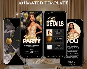 Girls Birthday Invitation Digital, Modern Gold Canva Party Video Invite, Instant Download.