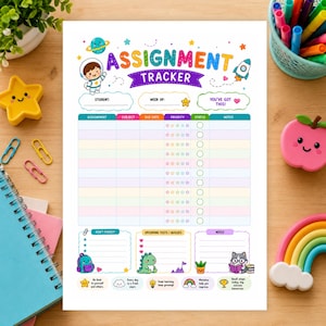 May include: A printed assignment tracker sheet featuring space-themed graphics, including an astronaut, a rocket, and planets. The layout includes sections for student name, week, and a table with columns for assignment, subject, due date, priority, status, and notes.