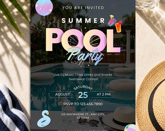 Pool Party Invitations, Birthday Invite Canva Template, Digital Download.