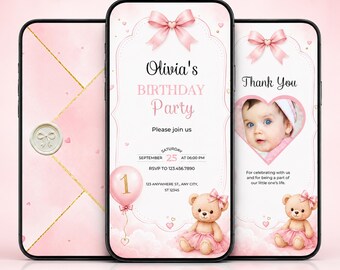 アニメーション付き1歳の誕生日招待状、デジタル版女の子向け1歳の誕生日招待状、編集可能なCanvaテンプレートビデオ、即時ダウンロード。
