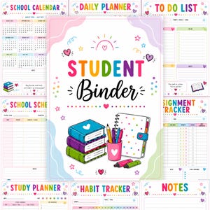 Può includere: Una pagina di copertina per raccoglitore da studente con il testo "STUDENT Binder" in lettere colorate, circondato da illustrazioni di libri impilati, un quaderno a pois, un portapenne e pennarelli, con altre pagine di agenda sullo sfondo.