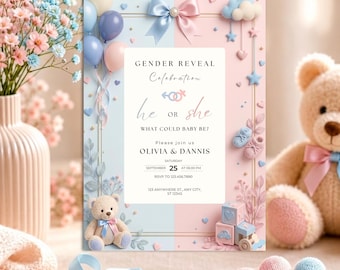 Gender Reveal Invitation Digital, Baby Shower Bear Canva Template, Boy or Girl Party Invite, Digital Download.