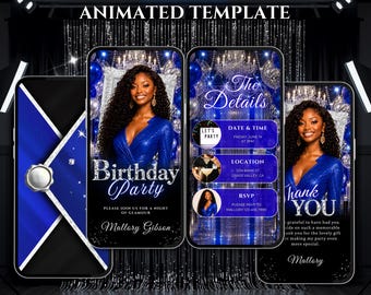Girls Birthday Invitation Digital, Luxury Royal Blue Canva Video Invite, Instant Download.