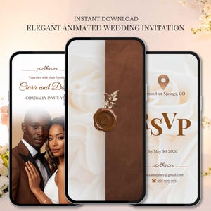 Pu&ograve; includere: Tre schermi di smartphone che mostrano un elegante invito di matrimonio animato. L'invito presenta una coppia, un sigillo di cera e il testo "INSTANT DOWNLOAD ELEGANT ANIMATED WEDDING INVITATION". L'RSVP include il testo "by May 30, 2026".